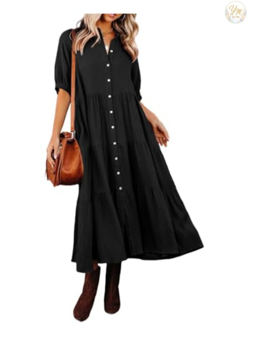 Women's Cotton Midi Dress with Pockets Button Down V-Neck